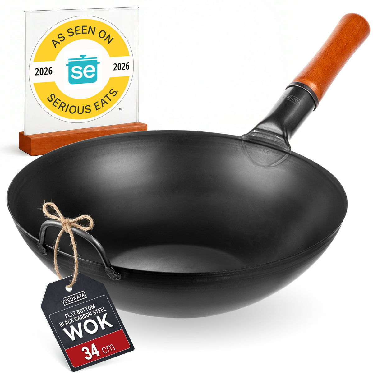 Yosukata 13.5 inch black carbon steel wok flat bottom