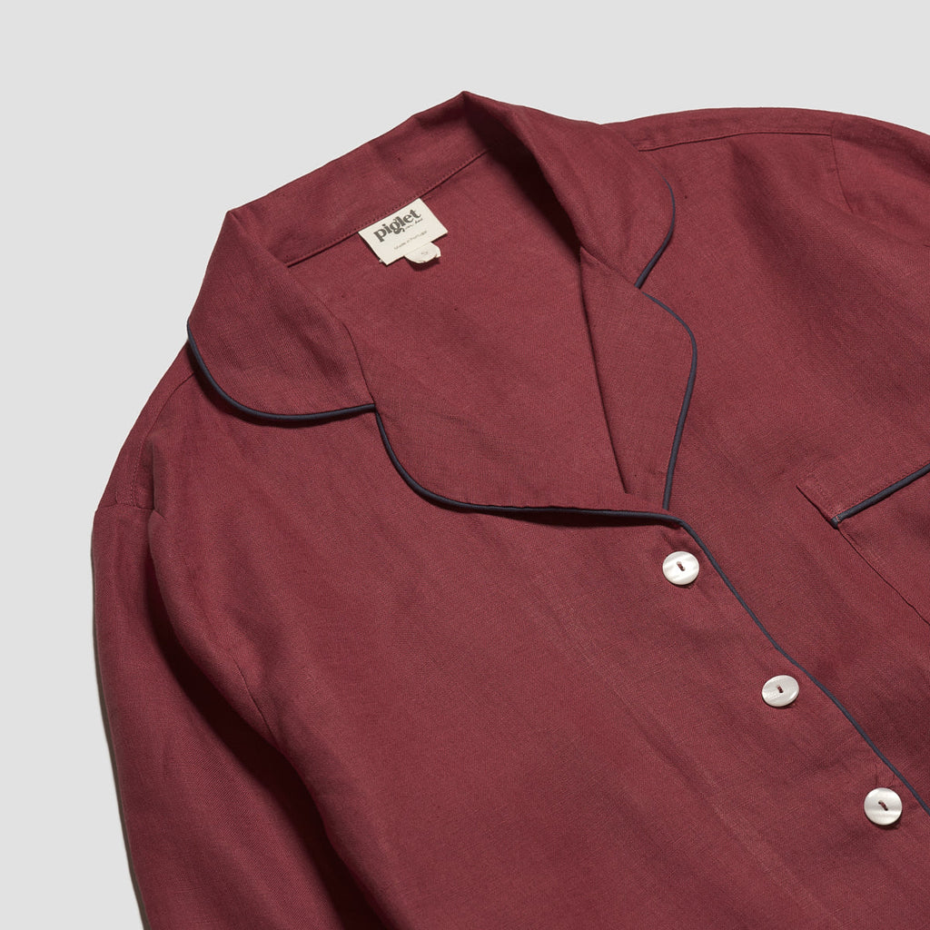Cherry Plain Linen Pajama Shirt Collar Detail