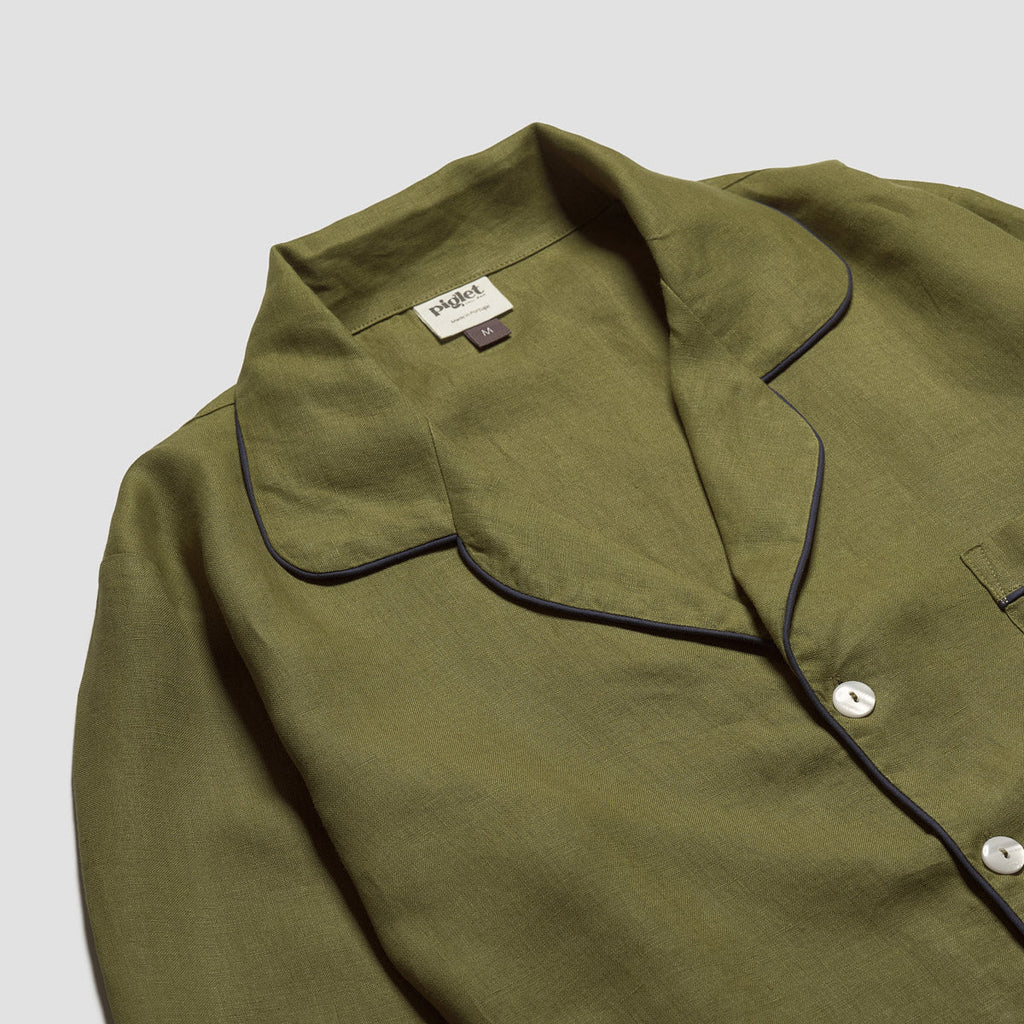 Men's Moss Plain Linen Pajama Shirt Collar Detail