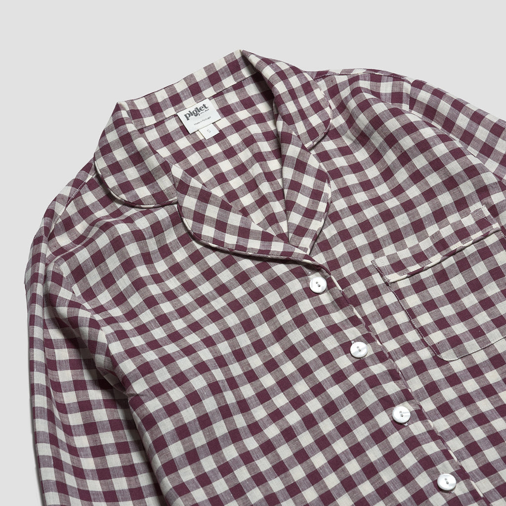 Berry Gingham Linen Pajama Shirt Collar Detail