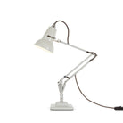 Elegant Linen White Anglepoise Original 1227™ Mini Desk Lamp. Close-up of shade, silver arm, and sturdy base with a switch.