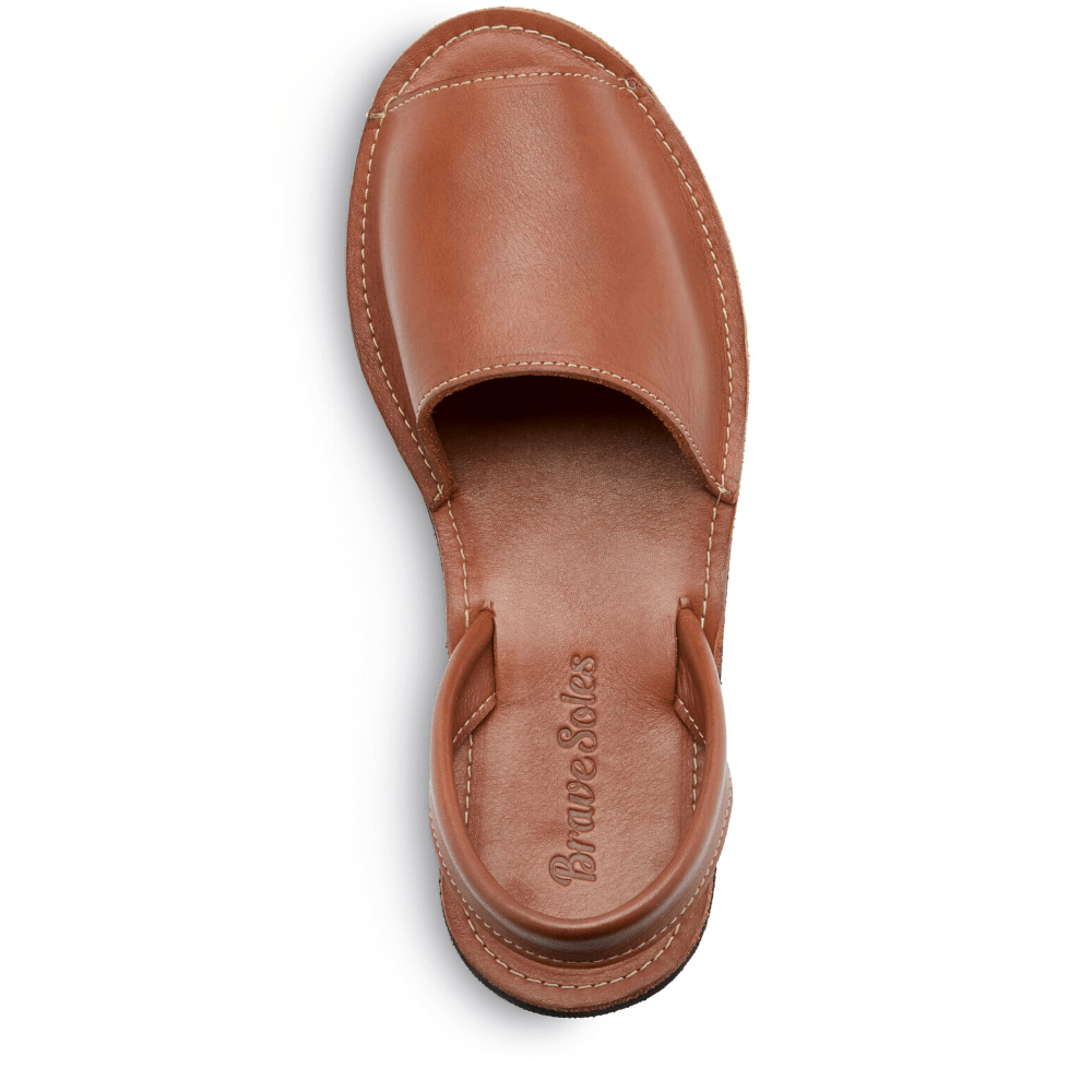 top vertical view of the Avarca classic Spanish leather sandal sustainably made by Brave Soles in caramel color