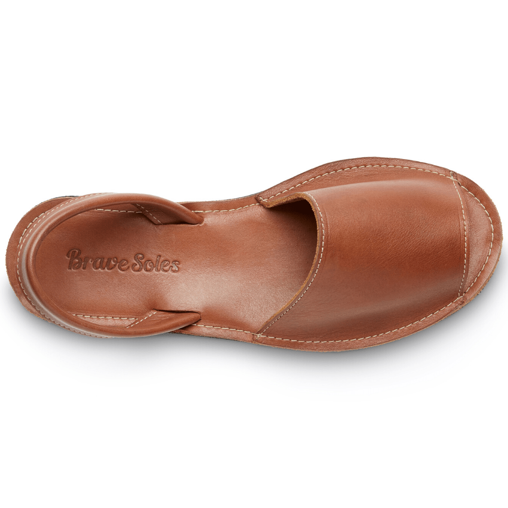 top vies of the Avarca classic Spanish leather sandal sustainably made by Brave Soles in caramel color