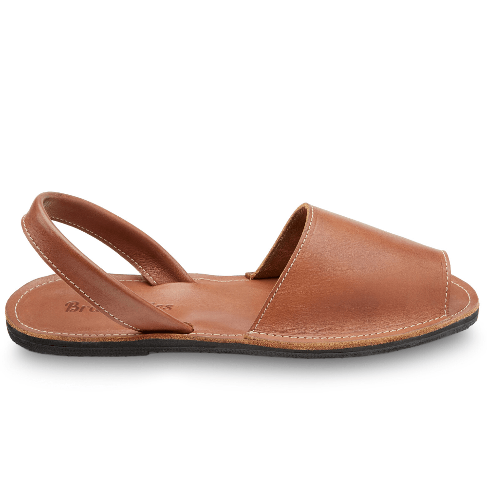Upper side view of the Avarca classic Spanish leather sandal sustainably made by Brave Soles in caramel color