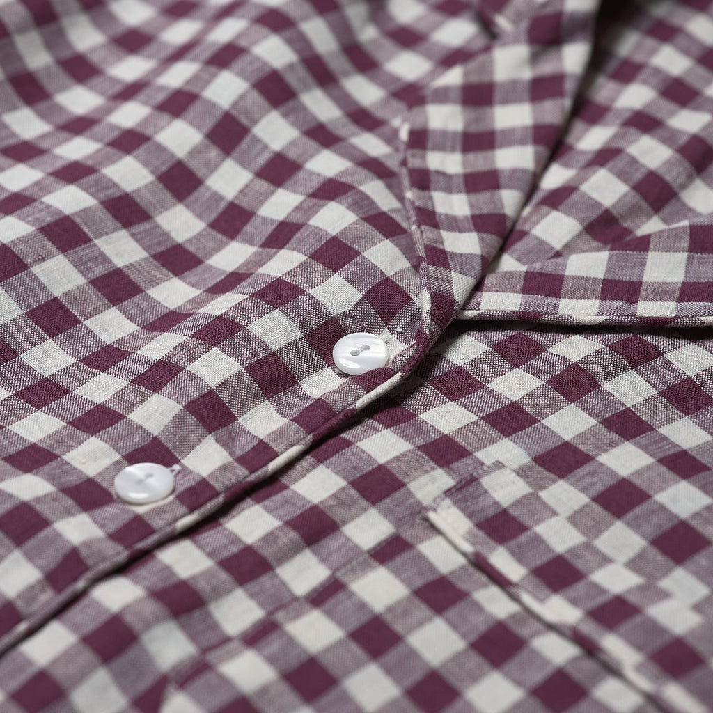 Berry Gingham Linen Pajama Shirt Button Detail